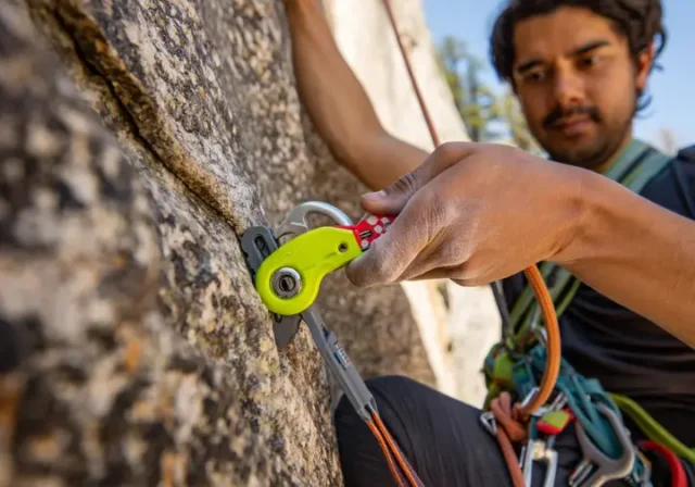 Close-up of a climber's hands skillfully placing a camming device into a granite crack, illustrating the art and introduction to placing trad climbing protection.