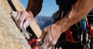 Next Level Trad: Master Cams, Nuts, Sling Use Experienced trad climber's hands expertly placing a cam in a granite crack, with nuts and slings visible on harness, mastering next-level gear placements.