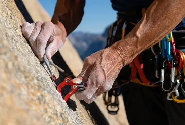 Experienced trad climber's hands expertly placing a cam in a granite crack, with nuts and slings visible on harness, mastering next-level gear placements.