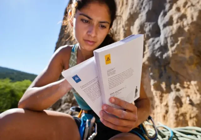 Climber studying a guidebook at an outdoor crag, comparing YDS, French, and UIAA sport climbing grades to understand different global systems.