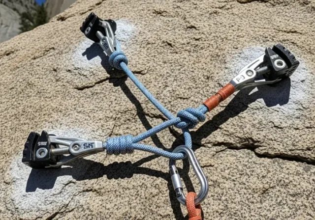 Perfectly constructed bombproof trad climbing anchor on granite, showcasing SERENE/ERNEST principles with cams, nuts, and an equalized cordelette master point.
