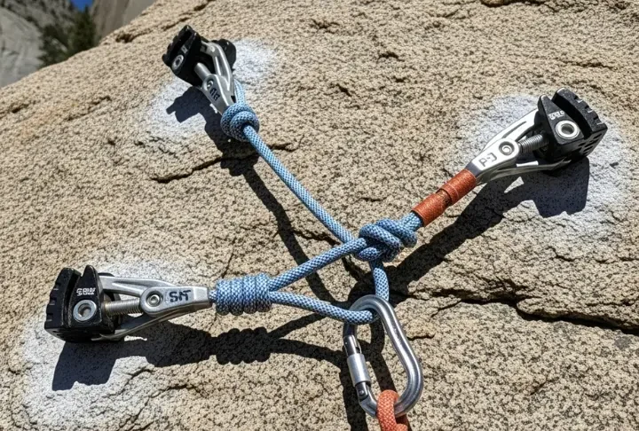 Perfectly constructed bombproof trad climbing anchor on granite, showcasing SERENE/ERNEST principles with cams, nuts, and an equalized cordelette master point.