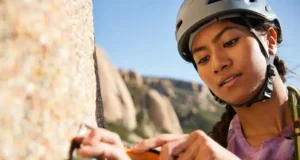 Trad Climbing Ethics and Leave No Trace: Protecting the Crags Trad climber carefully cleaning gear or brushing a hold on a pristine granite cliff, demonstrating trad climbing ethics, Leave No Trace principles, and a climber's duty for crag care.