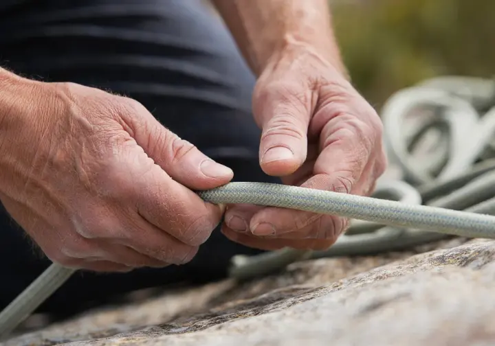 Close-up of a climber's hands performing a tactile pinch test during a thorough climbing rope inspection, a key part of the ultimate guide.