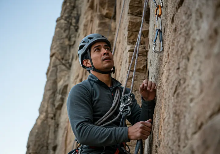 A belayer on a multi-pitch climb looks up with concern, ready to act, illustrating a scenario where fundamental self-rescue skills are vital.