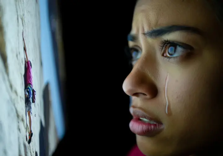 Close-up of a climber's face showing deep emotion while watching a film, with a climbing scene reflected in her eye, illustrating what makes a film inspiring.