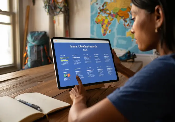 A climber plans her year using a "Global Climbing Festivals 2025" calendar or tablet, highlighting dates for her bucket list adventures.
