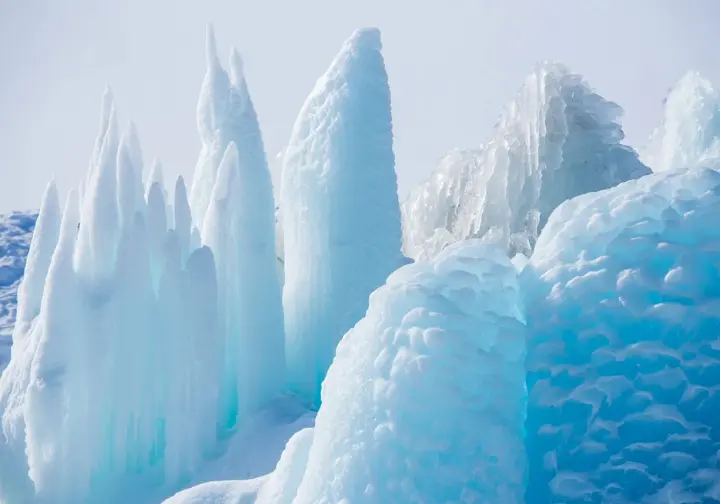 Composite image showcasing key ice climbing formations: WI Pillar, Curtain, Daggers, Chandelier ice, Cauliflower ice, and Alpine Ice, for a climber's catalog.