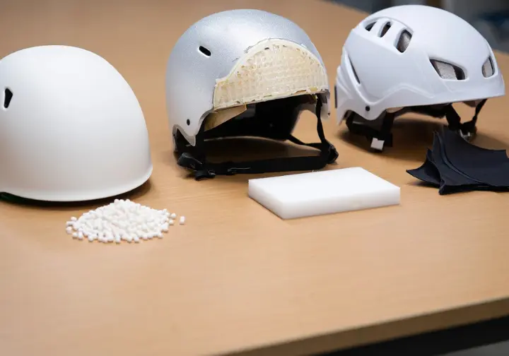 Flat lay of hardshell, foam, and hybrid climbing helmets with samples of their construction materials, decoding helmet types and construction.