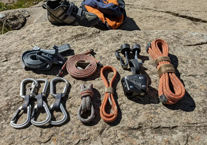 A flat lay of essential self-rescue gear for climbers, including locking carabiners, cordelette, slings, and Prusik loops, on a rock surface.