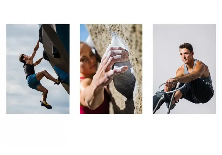 Triptych image defining foundational bouldering strengths: a dyno launch for power, fingers crimping a small hold for finger strength, and an arm holding a static lock-off.
