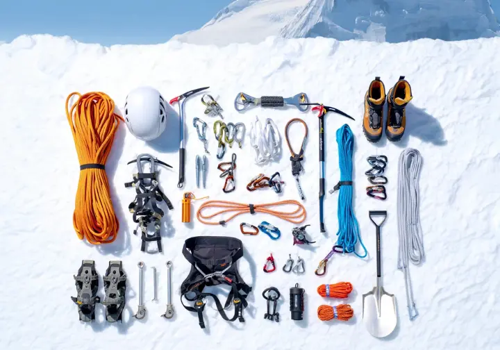 Flat lay of indispensable glacier travel and crevasse rescue toolkit: rope, harness, helmet, ice axe, crampons, pickets, screws, pulleys, prusiks, carabiners, shovel, probe on snow.