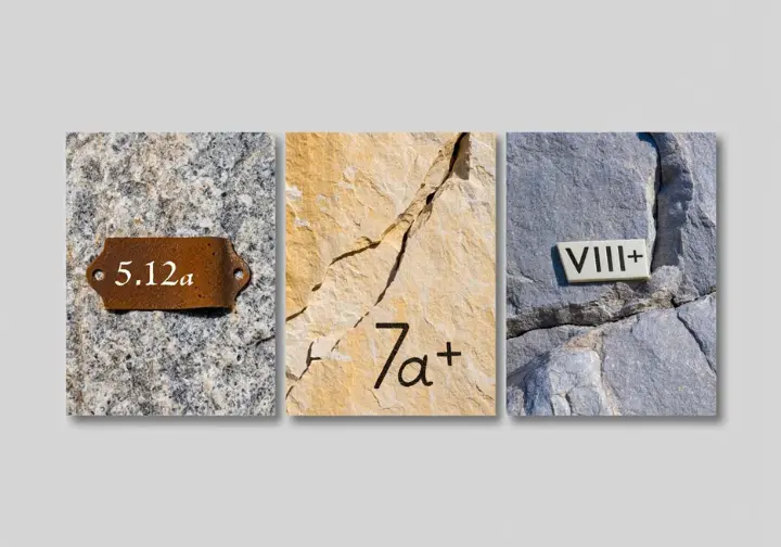 Three distinct rock climbing grade examples (YDS 5.12a, French 7a+, UIAA VIII+) shown side-by-side, representing a deep dive into the YDS, French, and UIAA systems.