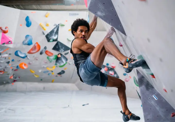 Climber expertly executing an essential intermediate climbing technique like a back-step on an indoor wall, mastering movement for progressing indoor climbing skills.