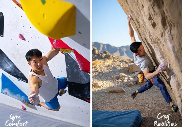 Split image showing a climber on a comfortable indoor gym hold versus the same climber on a challenging natural rock hold outdoors, illustrating the transition from gym comfort to crag realities.