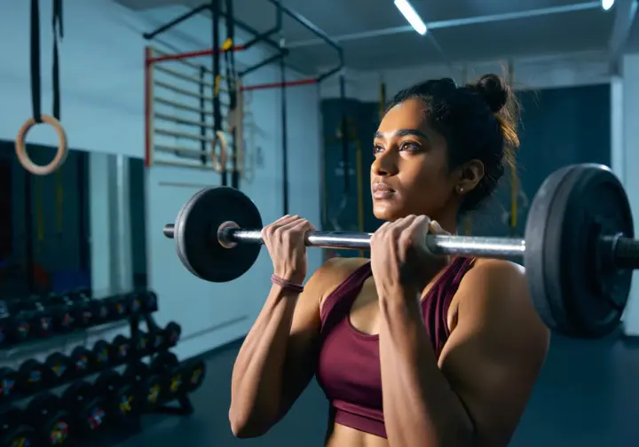 Climber engaged in a strength and conditioning exercise like weighted pull-ups or hangboarding in a gym training area, building the engine for indoor climbing progression.