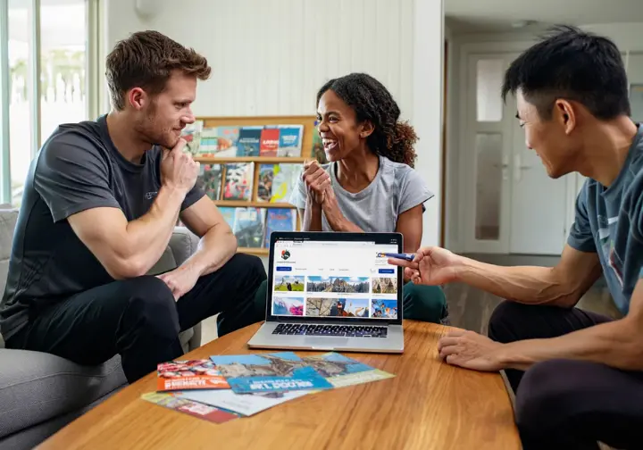 Three diverse climbers discussing and comparing climbing festival brochures and a laptop screen to choose their perfect festival experience.