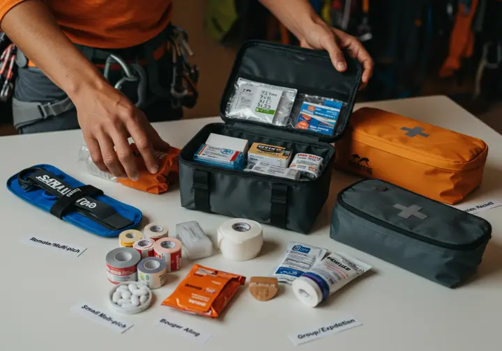 Climber's hands customizing a first aid kit by adding discipline-specific items like a splint and finger tape, tailoring it for different needs.