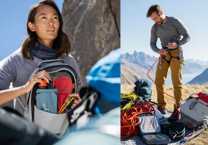 A sport climber and an alpine climber customize their safety kits differently, illustrating discipline-specific and personal gear considerations.