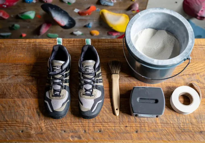 Flat lay of essential bouldering gear: climbing shoes, chalk bucket, brush, tape, and a crash pad corner, representing a boulderer's toolkit for success.