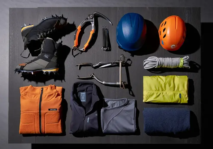 Flat lay of essential beginner ice climbing gear: mountaineering boots, crampons, ice tools, helmet, harness, layered clothing, and rope, presented as a beginner's toolkit.