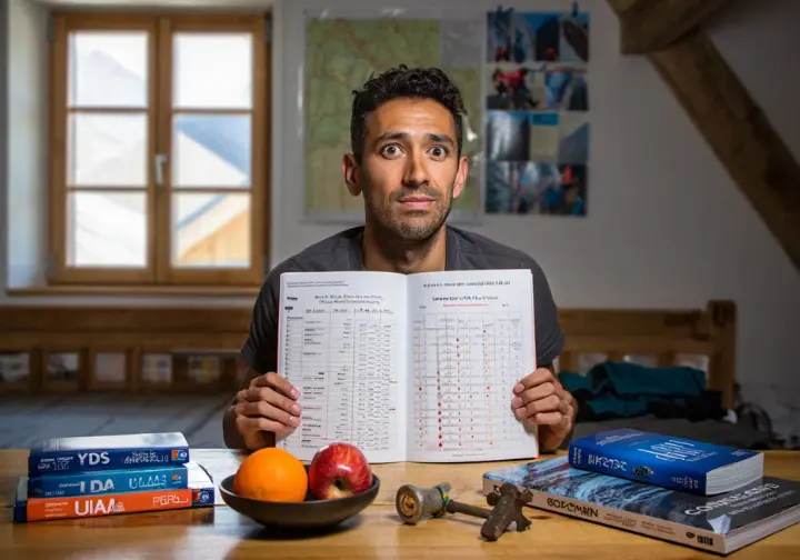 Climber comparing different international climbing guidebooks and a grade conversion chart, with an apple, orange, and piton nearby, illustrating the challenge of comparing YDS, French, and UIAA grades.