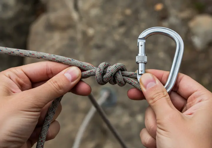 Close-up of a climber's hands expertly tying a Munter Mule Overhand knot on a climbing rope for self-rescue.