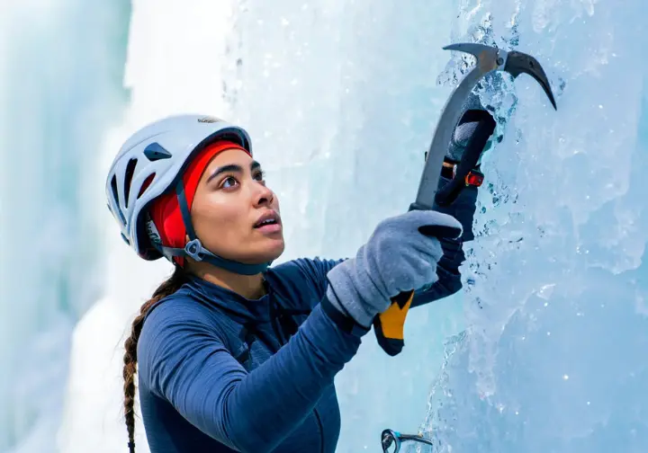 Experienced ice climber actively "reading the ice" by visually inspecting, tapping with a tool, and physically testing a placement on a frozen waterfall, using essential assessment techniques.
