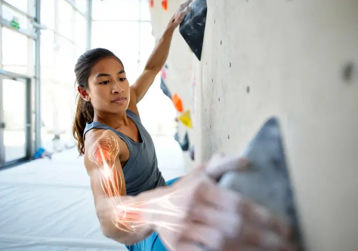 Climber performing a powerful bouldering move, with subtle artistic overlays hinting at muscle fiber recruitment and neural pathways, illustrating the physiological basis of bouldering strength.