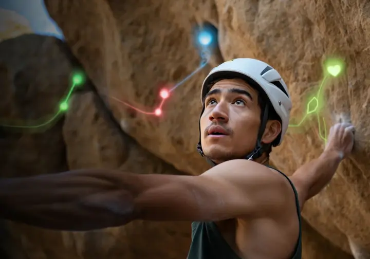 Boulderer at a decision point on a complex route, strategically analyzing hold sequences and considering when and why to use advanced moves like dynos, heel hooks, or toe hooks.