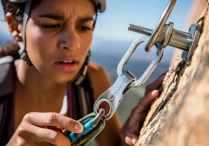 Climber carefully inspecting a bolted anchor for wear and corrosion on a multi-pitch route, showing prevention of anchor failures.