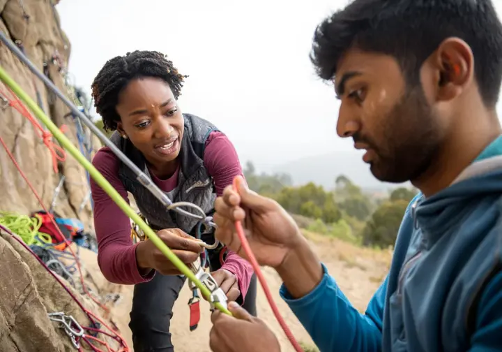 A climbing instructor teaching a student how to use self-rescue gear like a Prusik, illustrating the interdependence of gear and training to bridge the skill gap.