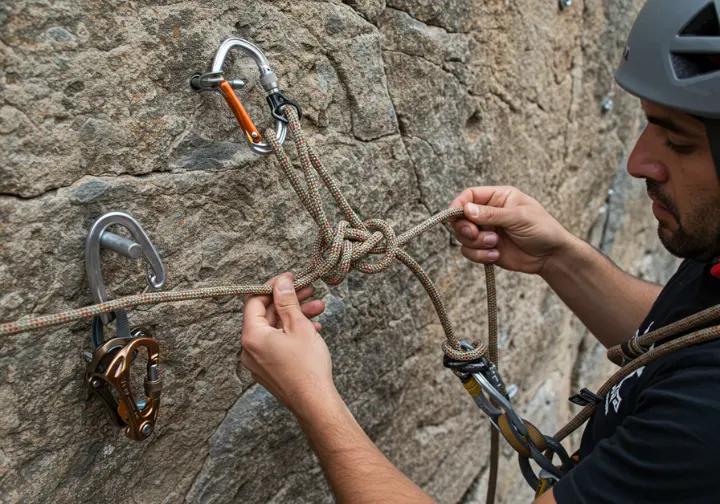 Climber demonstrating a step in escaping the belay by attaching a Prusik hitch to the loaded rope above the belay device at an anchor.