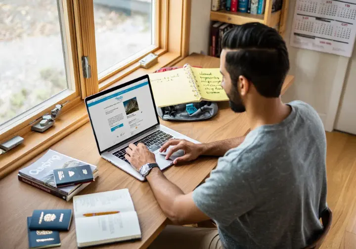 A climber at a desk with a laptop, passport, and notes, meticulously planning the logistics for attending a major climbing festival.
