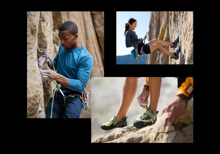 Composite image showing climbers mastering core outdoor sport climbing skills: leading and clipping, cleaning an anchor, and precise footwork on natural rock.