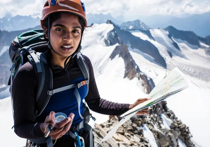 Alpinist using a map and compass for route-finding on a complex snow and rock ridge in a vast alpine environment, navigating the wild terrain.