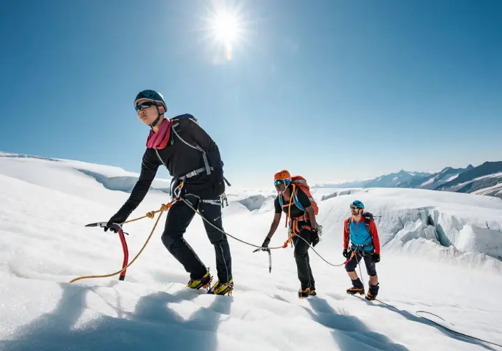 Roped team of three diverse alpinists with correct spacing and stopper knots, traversing a vast snow-covered glacier, illustrating the rope team as a lifeline for glacier travel safety.