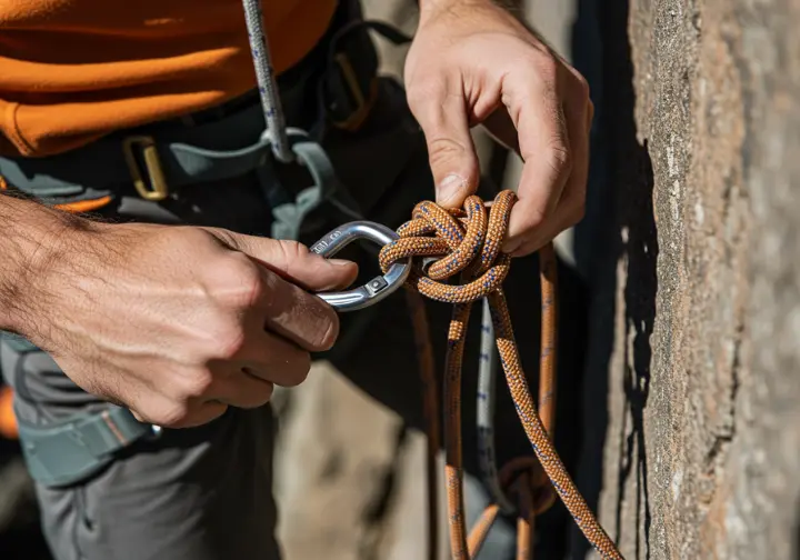 Close-up of a climber's hands meticulously checking a locking carabiner and friction hitch in a partner rescue system, highlighting safety protocols.