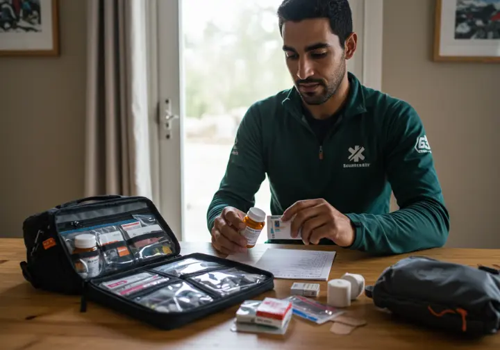 A male climber meticulously checks expiration dates and replenishes supplies in his well-organized first aid kit, demonstrating good kit management.