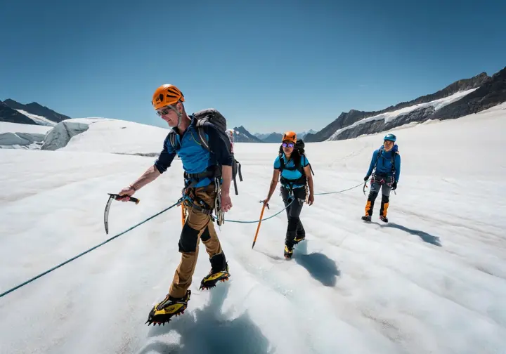 Roped team of three alpinists safely navigating a vast, crevassed glacier, with the leader probing for hidden crevasses, illustrating glacier travel and crevasse rescue preparedness.