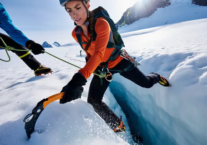 Alpinist in a dynamic self-arrest position, ice axe plunged into snow, successfully arresting a partner's fall into a crevasse on a glacier, demonstrating immediate life-saving actions.