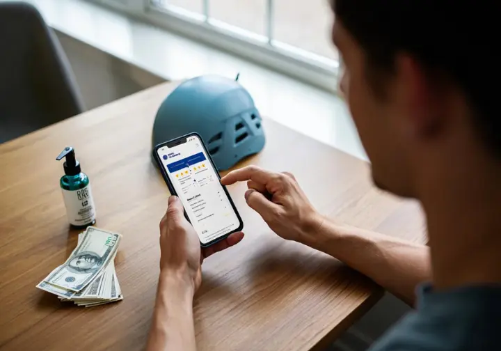 A climber researches gear on a phone, with money and maintenance items on the table, symbolizing making informed decisions on selection, cost, and maintenance.