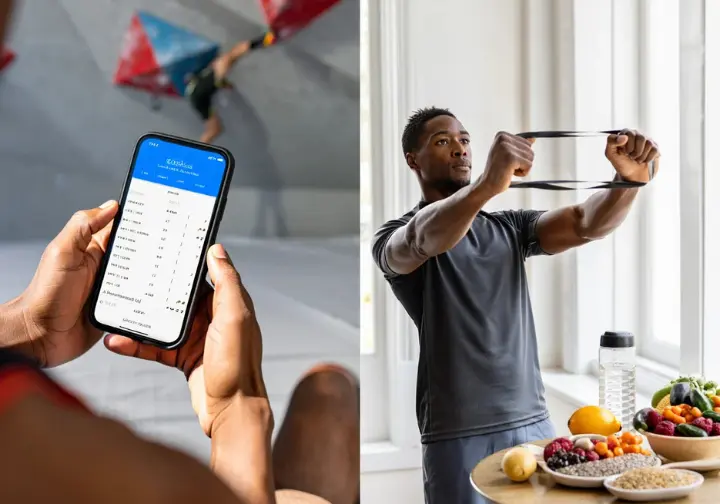 Composite scene in a gym showing hands logging training (tracking), a climber doing preventative exercises, and healthy food (nutrition) for long-term climbing progress.