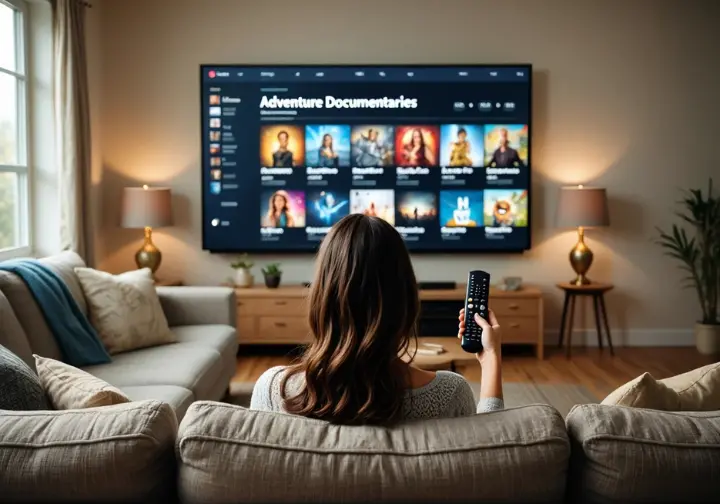A person using a TV remote to browse a streaming service for climbing films, illustrating how to find and watch these inspiring stories.