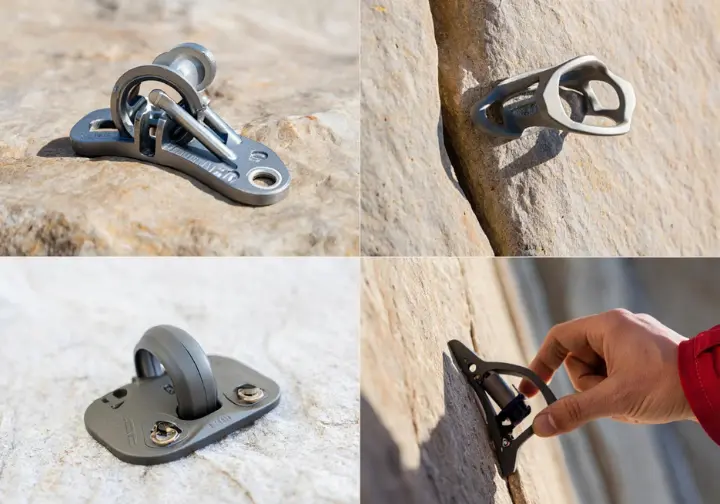 Detailed view of different trad protection pieces (nut, cam, hex, tricam) correctly placed in rock, serving as a guide to placing trad gear.