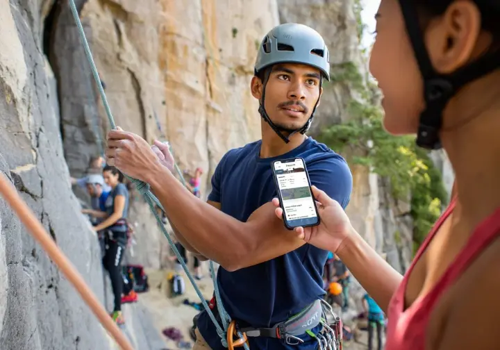 Climber using a guidebook with visible grades to effectively select an appropriate sport route at an outdoor crag, demonstrating practical application of grade knowledge.
