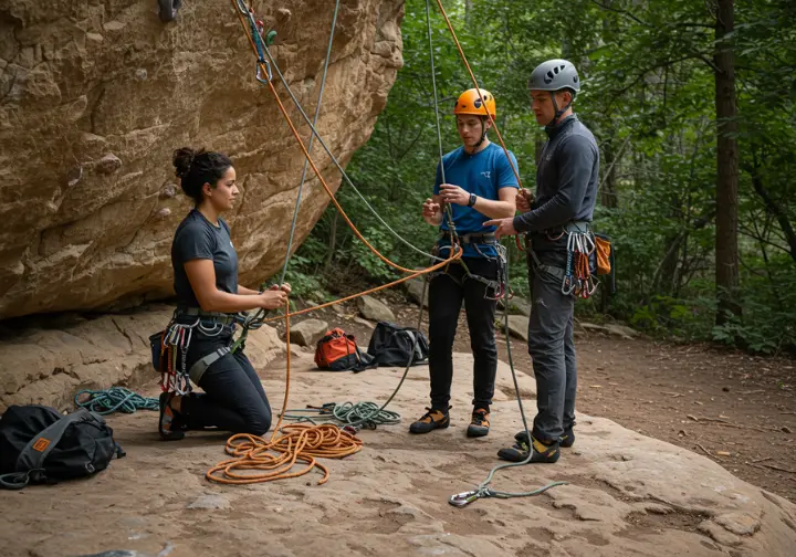 A climbing instructor guides a student practicing simple rescue skills with a backup system in a safe outdoor setting, building confidence.