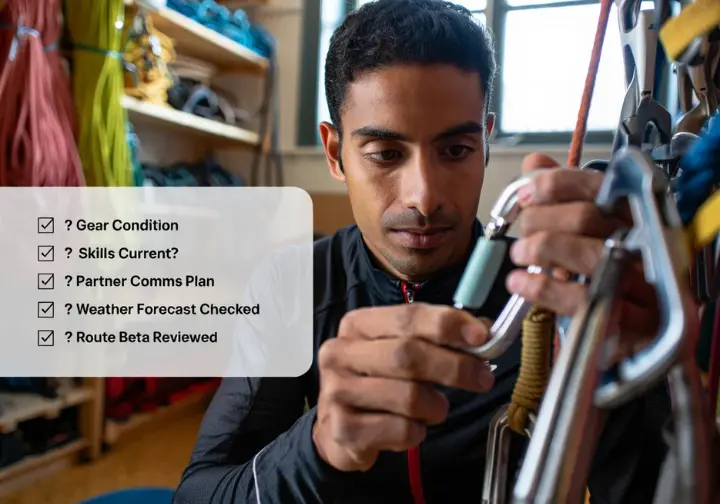 A climber inspects his gear with a mental checklist based on the Swiss Cheese Model, using SCM for proactive safety, risk assessment, and prevention.
