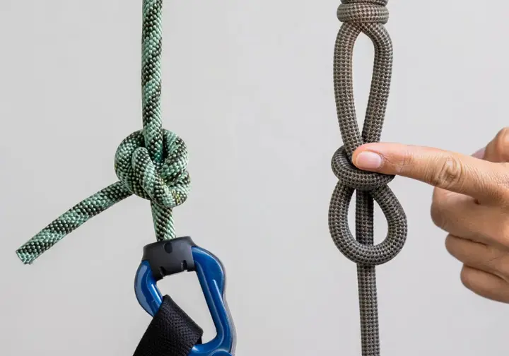 Close-up comparison of a correctly tied climbing knot versus an incorrectly tied one, with a hand pointing to the error, illustrating risk awareness and mitigation of common pitfalls