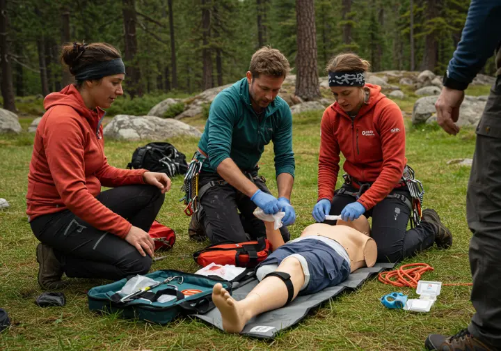 Diverse climbers participate in an outdoor wilderness first aid training scenario, focusing on mindset, prevention, and further learning beyond just the kit.